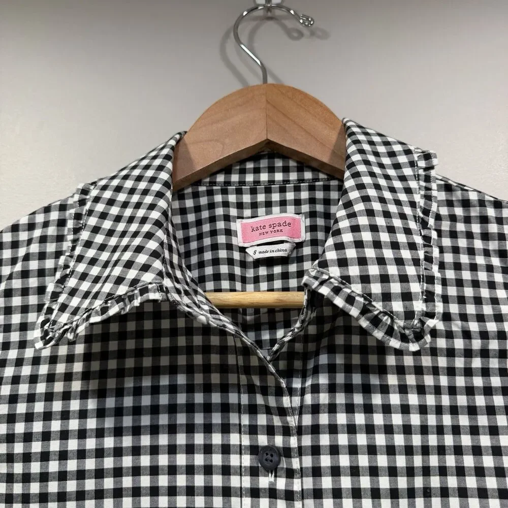 KATE SPADE Size 8 Mini Gingham Ruffle Sleeveless Button Down Shirt Black White